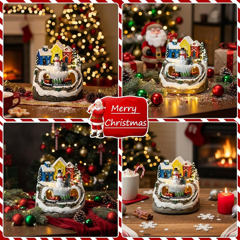 MXwcy Christmas Village House with Moving Train & Music - Lighted Snowman Figurine with 8 Holiday Songs, LED Lights - Resin Collectible Building for Indoor Xmas Decor, Table Centerpiece, Gifts - Image 4